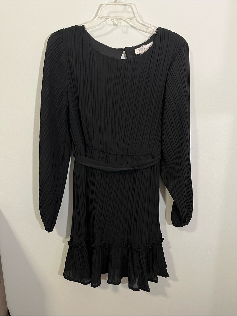 SHE + SKY nwt Black Pleated Long-Sleeve Belted Dress with Ruffle Detail